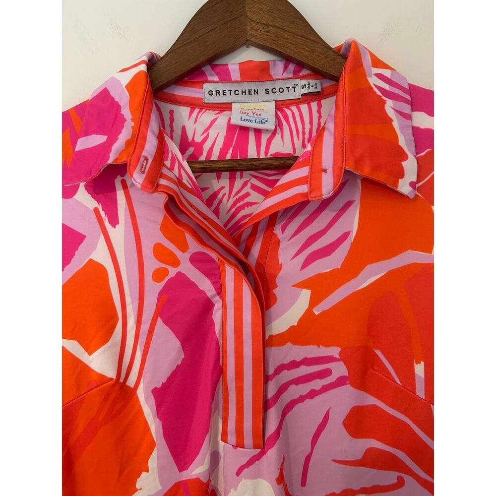 Gretchen Scott S Collared Shirt Dress Pull Over 1/2 Sleeve Pink Orange Botanical - Picture 4 of 8